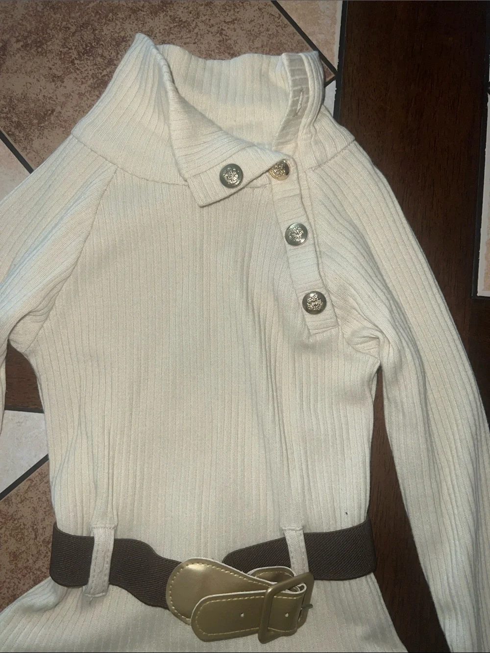 Girls Cream Ribbed Sweater Dress with Plaid Skirt and Belt